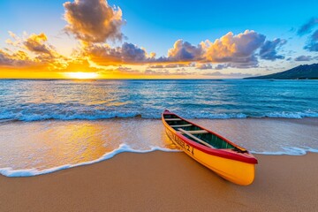 Obraz premium A serene Hawaiian beach at sunrise, with soft pastel skies, gentle waves, and a lone canoe resting on the shore
