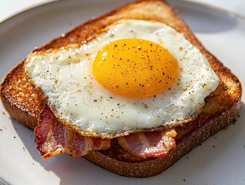 Delicious breakfast featuring crispy bacon and fried egg on toast. - Powered by Adobe