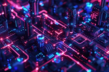Obraz premium Futuristic Cityscape with Glowing Neon Lights and Abstract Geometric Shapes