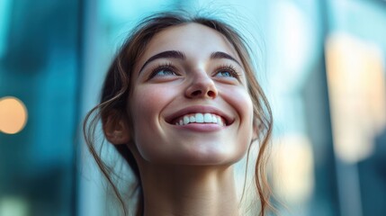 Portrait happy young woman thinking dreaming has many ideas looking up isolated office windows background. Positive human face expression emotion feeling reaction. Decision making process concept