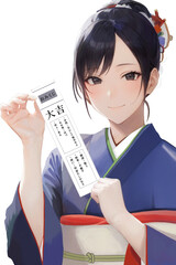 おみくじを持っている青い着物を着た女性