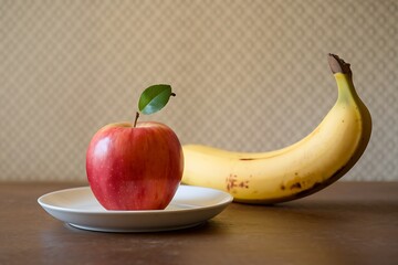 A vibrant red apple with a green leaf sits beside a slightly bruised yellow banana on a simple white plate against a textured beige background. A classic still life image.