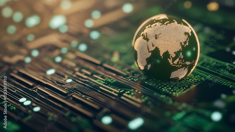 Poster abstract concept of global technologies with circuit board background showcasing a digital globe on 
