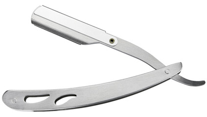 Steel straight razor isolated on a transparent background. Completely in focus. Focus stacking.