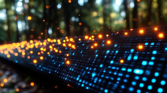 Glowing digital data stream in forest.