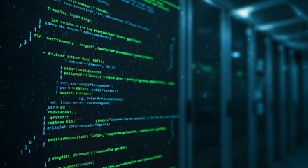 An abstract and futuristic technology background showcasing programming code on a glowing digital interface. The lines of code are vividly color-coded, floating against a dark, sleek surface