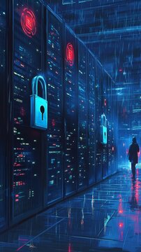 Cyberpunk Rainy Night in a Secure Server Room