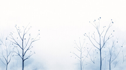 A delicate watercolor composition of a January snowstorm, with swirling flakes painted in soft whites and grays. Bare trees reach skyward, their branches rendered in fine detail. The background fades