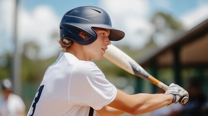 Obraz premium Young Baseball Player Preparing to Hit Home Run During a Game in Bright Sunny Conditions, Focus on Skill and Concentration at Bat