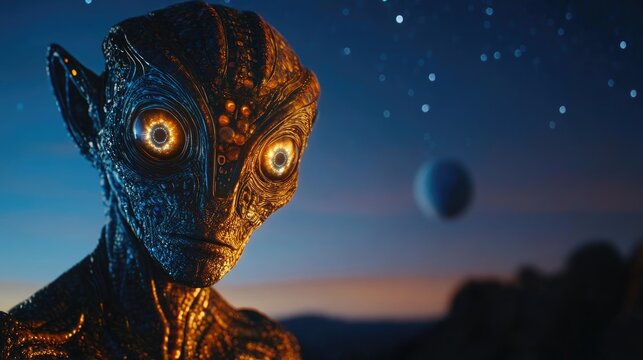 An alien with large eyes gazes at a mysterious planet beneath a stunning twilight sky full of stars