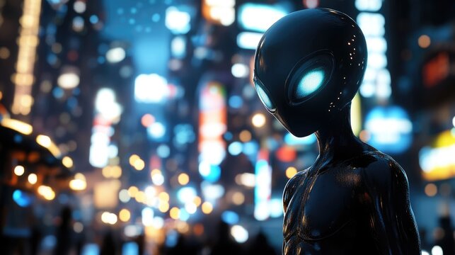 In a vibrant urban landscape, a mysterious being stands amidst the neon glow, watching the bustling nightlife unfold around it
