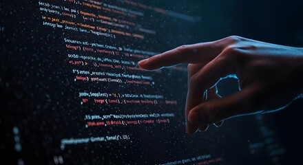 An abstract and futuristic technology background showcasing programming code on a glowing digital interface. The lines of code are vividly color-coded, floating against a dark, sleek surface