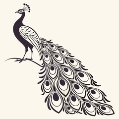 Studio shot photo of create a full-length 3D plaster peacock design that seems to stand on the wall in front of a light background,  detailed tail and the illusion of presence. The design is in high. 