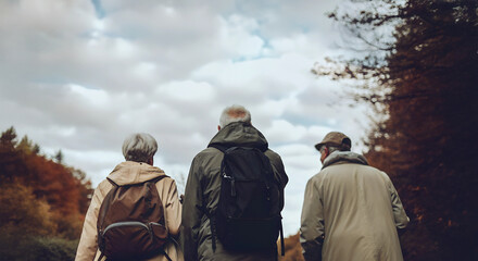 The elderly group of friends hiking in autumn forest. Back view on a happy Caucasian senior people talking during the trekking. Mature exercising and enjoyment.