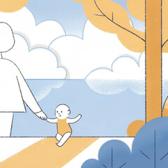 Baby walking besides the river..