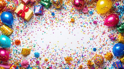 Colorful party decorations on white background, such as balloons, gifts, confetti, ribbons etc. Art composition suitable for celebration or holiday greeting card design