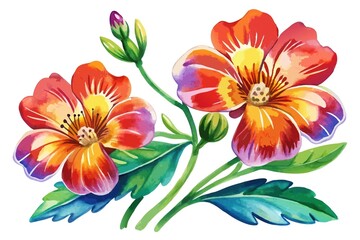Vibrant watercolor illustration of two red and orange flowers with green leaves, showcasing natural beauty and artistic flair.