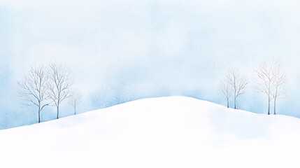 A minimalist watercolor representation of a snowy January hillside, with rolling white drifts and sparse, leafless trees. The sky is a blend of muted blues and silvers, creating a cold but calming