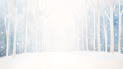 A January winter watercolor featuring a snow-covered forest path, framed by tall, frosted trees. The brushstrokes capture the crispness of the season, with soft grays and whites blending seamlessly