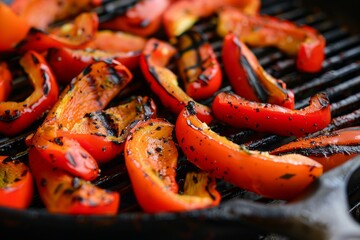 Delicious slices of red bell peppers are grilling on a cast iron grill pan, seasoned with herbs and spices