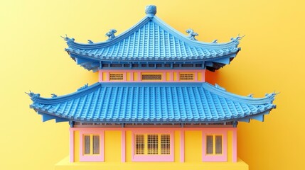Fototapeta premium Traditional Asian pagoda blue roof yellow walls isolated modern architecture building exterior decorative vibrant background ideal for travel brochure website banner