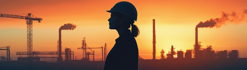 Obraz premium Silhouette of a worker at sunset in an industrial landscape.