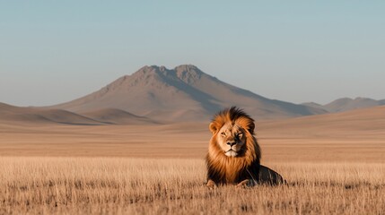 Majestic male lion resting in savanna grassland with mountains in background.