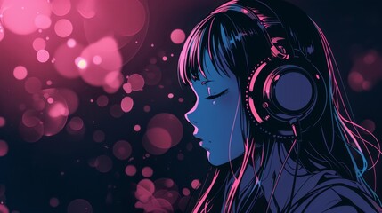 Beautiful anime girl listening to lofi hip hop music with headphones. Manga, cartoon drawing.