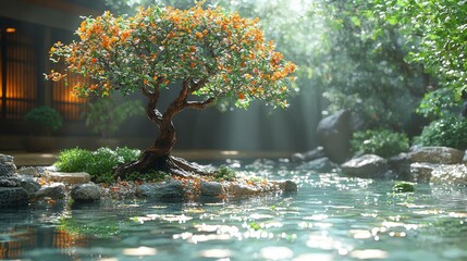 Serene Bonsai Tree by Water 3D Illustration