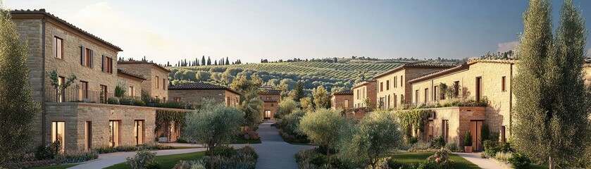 A serene residential development set in a lush landscape with modern architecture.