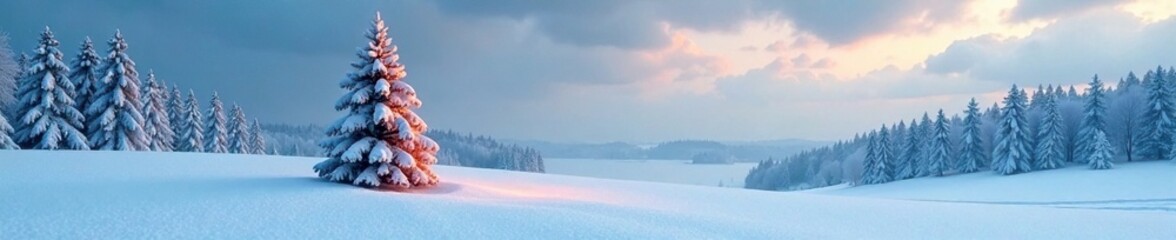 Fototapeta premium Snow-covered landscape with a solitary Christmas tree, serene landscapes, peaceful