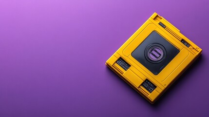 A vibrant yellow video game cartridge rests on a purple background, showcasing retro gaming design.