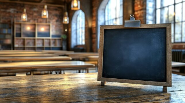 noticeboard Presentation generator Ai lesson plan workbe Tutor Smart cutting board classin upGrad Class central Eduaide Empty black chalkboard on wooden easel, bright cozy cafe interior background, p