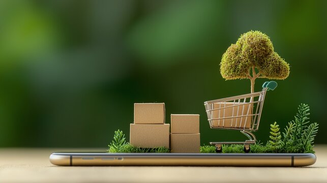 Eco-friendly online shopping concept with miniature cardboard boxes in a shopping cart on a smartphone.