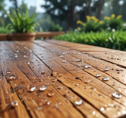 Dewy water droplets glisten on wooden garden table surface , sparkle, water, dew