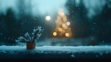 A cozy winter scene featuring a small plant on a snowy windowsill with a blurred Christmas tree in the background.