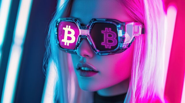 Futuristic woman with Bitcoin glasses in neon lights.