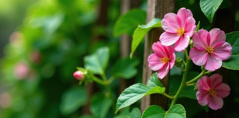 Delicate pea blossoms adorn a trellis with lush greenery, greenery, closeup, floral arrangement