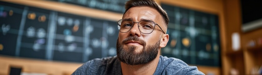 Obraz premium A man with glasses and a beard looks into the distance with focus He is in a room with a chalkboard, seemingly preparing While this image does not directly show 'a teacher crafting motivational