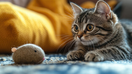 curious tabby cat intently watches toy mouse on cozy patterned rug