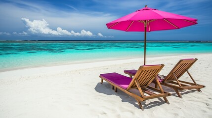 Obraz premium Beautiful beach with two wooden sun loungers and a pink umbrella on white sand, with the clear turquoise water of the Maldives sea in the background. Summer vacation concept. Wide-angle lens.