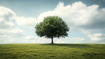 Obraz premium Solitary tree on grassy hill under cloudy sky.