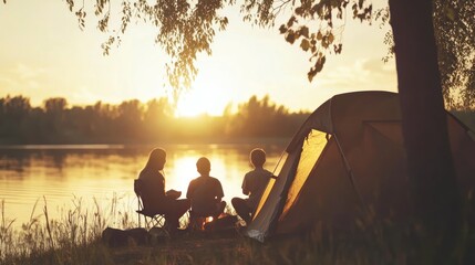 Family camping by the lake at sunset, silhouette of tent and family sitting around campfire, copy space concept for blur effect of outdoor adventure activity
