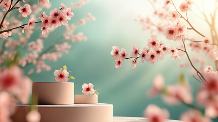 spring background with podiums and cherry blossoms