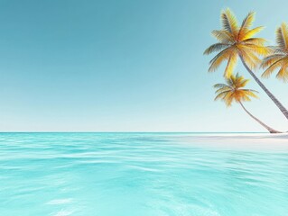 Fototapeta premium Tranquil tropical beach with palm trees and clear blue water.