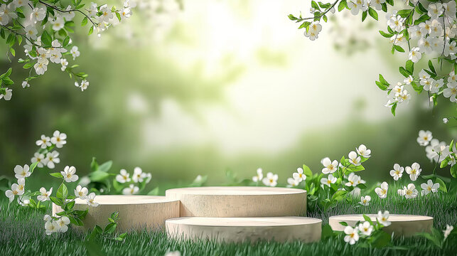 spring background with podiums in the grass and small white flowers