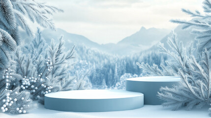 winter mountain background with podiums and trees covered in snow