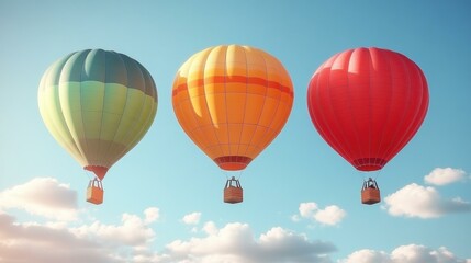 Naklejka premium Colorful hot air balloons floating in bright blue sky with soft clouds, perfect for travel, adventure, vacation, outdoor, summer, leisure themes, peaceful atmosphere, horizon, serene landscape hot ai