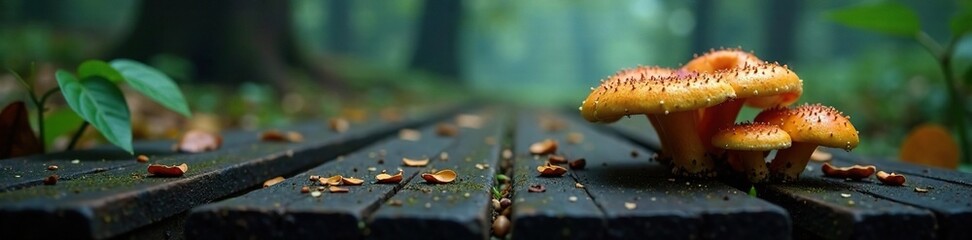 Dark forest fungi on wooden planks in misty atmosphere, tree bark mushrooms, mycological wonders