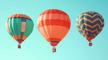 Naklejka premium Three colorful hot air balloons floating peacefully in clear blue sky, perfect for travel, adventure, vacation, or outdoor celebration themes with bright sunny atmosphere and vibrant patterns
